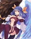  1girl angel_wings asymmetrical_wings bare_shoulders blue_hair breasts choker cleavage dizzy guilty_gear guilty_gear_xrd hair_ribbon navel red_eyes ribbon solo tail tail_ribbon tesshii_(riza4828) thigh-highs twintails under_boob wings 