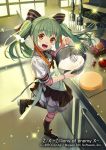  1girl apron blush brown_eyes cooking doll_joints green_hair kitchen looking_at_viewer matsui_hiroaki mixing_bowl official_art open_mouth smile solo twintails whisk z/x 