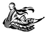  1girl japanese_clothes ken_(koala) kimono long_hair long_sleeves looking_at_viewer monochrome obi original sash simple_background sitting sleeves very_long_hair white_background 