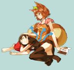  2girls animal_ears black_hair black_legwear book brown_eyes brown_hair danzero dress futatsuiwa_mamizou glasses houjuu_nue lap_pillow leaf leaf_on_head lying multiple_girls on_side raccoon_ears raccoon_tail short_hair sitting smile tail thigh-highs touhou wings zettai_ryouiki 