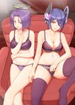  2girls bow bow_bra bow_panties bra breasts chair cleavage collarbone eyepatch finger_to_mouth grin headgear kantai_collection lace-trimmed_bra lace-trimmed_panties large_breasts lingerie looking_at_viewer mechanical_halo multiple_girls navel one_leg_raised osterei panties purple_bra purple_hair purple_panties short_hair side-by-side side-tie_panties sitting smile tatsuta_(kantai_collection) tenryuu_(kantai_collection) thigh-highs underwear underwear_only violet_eyes yellow_eyes 