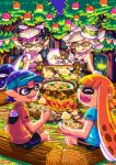  aori_(splatoon) black_hair detached_collar dress drooling earrings fangs fire food food_on_head fork fruit gloves hotaru_(splatoon) inkling jajji-kun_(splatoon) jewelry knife log long_hair mole mole_under_eye multiple_girls object_on_head open_mouth pantyhose pointy_ears short_hair shouyu_senbei smile splatoon spoon tentacle_hair 