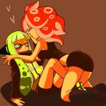  2girls agent_3 bike_shorts blush domino_mask green_hair headphones incipient_kiss inkling jacket long_hair mask multiple_girls myonmyon octarian redhead splatoon takozonesu tentacle_hair yuri 