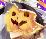  1girl ass blonde_hair bloomers bow broom close-up frills from_behind halloween halloween_costume jack-o&#039;-lantern jii_baa kirisame_marisa lace_border solo sparkle striped striped_background touhou underwear upskirt white_bow 