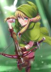  1girl arrow blonde_hair blue_eyes blush boots bow_(weapon) brown_gloves capelet crossbow daniel_macgregor fairy gloves hair_ribbon hat leather_boots leather_gloves linkle long_hair pointy_ears ribbon running sheath sheathed sidelocks solo sword the_legend_of_zelda thigh-highs thigh_boots tunic weapon zelda_musou zettai_ryouiki 