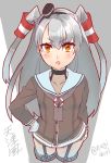  &gt;:o 1girl :o amatsukaze_(kantai_collection) brown_eyes character_name collarbone cowboy_shot dress frown garter_straps hair_tubes hairband hand_on_hip kantai_collection long_hair looking_at_viewer nagidori open_mouth sailor_dress see-through short_dress silver_hair sketch solo thigh-highs twitter_username two_side_up 