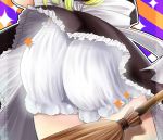  1girl ass blonde_hair bloomers bow broom close-up frills from_behind jii_baa kirisame_marisa lace_border solo sparkle striped striped_background touhou underwear white_bow 