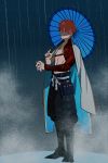  1boy armor cape emiya_shirou fate/grand_order fate_(series) highres japanese_armor kusazuri o-rui parasol redhead shirtless solo umbrella 