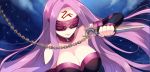  1girl blindfold breasts chain cleavage dagger facial_mark fate/stay_night fate_(series) forehead_mark himaya long_hair purple_hair rider solo very_long_hair weapon 