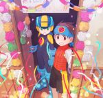  2015 2boys :o artist_name blue_boots blue_gloves bodysuit boots brown_eyes brown_hair confetti dated door elbow_gloves flower gloves green_eyes happy_birthday headband helmet highres hikari_netto multiple_boys opening_door rockman rockman_exe rockman_exe_(character) room rose sakino_(sanodon) spiky_hair surprised 