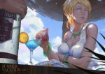  1girl 2015 air_bubble alcohol ayase_eli backlighting bikini_top blonde_hair blue_eyes blue_sky bottle bracelet breasts character_name cherry cleavage clouds cup drinking_glass food fruit glass hair_scrunchie hands highres holding holding_fruit hood_down hooded_jacket jewelry leaf lipstick long_hair looking_to_the_side love_live!_school_idol_project makeup midriff natsuiro_egao_de_1_2_jump! necklace orange_slice parted_lips ponytail regition scrunchie sitting sky sleeveless solo_focus star striped sweat table teeth text umbrella upper_body water_drop wine_bottle wine_glass 