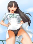  ^jj^ black_hair black_panties blue_sky brown_eyes fence hand_on_hip hands_on_hips highres long_hair looking_at_viewer looking_down open_mouth original panties pantyshot pantyshot_(standing) sailor_collar short_sleeves signature sky standing thighs underwear upskirt 