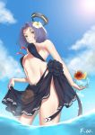  1girl artist_name bare_arms bare_shoulders bikini black_skirt black_swimsuit blue_sky breasts covered_nipples drinking_straw flower food freewind fruit glass hair_flower hair_ornament headgear hibiscus holding kantai_collection lemon mechanical_halo midriff navel parted_lips partially_submerged purple_hair see-through short_hair side_slit sideboob skirt skirt_lift sky solo sun sunlight swimsuit tatsuta_(kantai_collection) under_boob wading water yellow_eyes 