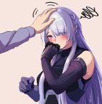  1girl 3_small_spiders absurdres ak-15_(girls&#039;_frontline) belt braid elbow_gloves embarrassed girls_frontline gloves hair_over_one_eye headpat highres long_hair one_eye_covered silver_hair solo_focus tactical_clothes very_long_hair violet_eyes 