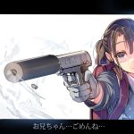  1girl bag brown_hair casing_ejection crying daito gloves grey_eyes gun handgun original ponytail ribbon school_bag shell_casing smoke smoking_gun solo suppressor tears translated weapon weapon_request 