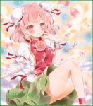  1girl ankle_ribbon bandaged_arm bare_legs blush border chain colored_pencil_(medium) cuffs double_bun flower gradient gradient_background hand_on_own_shoulder ibaraki_kasen light_smile looking_at_viewer marker_(medium) petals pink_eyes pink_hair pink_rose potto_(minntochan) puffy_short_sleeves puffy_sleeves rose sample shackles short_hair short_sleeves sitting skirt solo tabard touhou traditional_media 