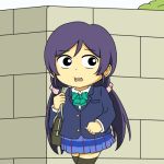  1girl bag comic gundam love_live!_school_idol_project low_twintails lowres mobile_suit_gundam open_mouth purple_hair school_bag school_uniform scrunchie shiitake_nabe_tsukami solo thigh-highs toujou_nozomi twintails wall zettai_ryouiki 