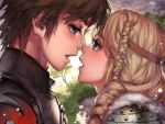  1boy 1girl armor astrid_hofferson blonde_hair blue_eyes braid brown_hair couple face face-to-face from_side hiccup_horrendous_haddock_iii how_to_train_your_dragon incipient_kiss kawacy long_hair looking_at_another open_mouth short_hair single_braid 