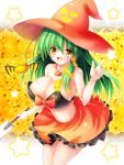  1girl bare_arms bare_shoulders bat_wings black_bra bow bra breasts cleavage commentary_request fang frog gohei green_hair hair_ornament halloween halloween_costume hat highres jack-o&#039;-lantern jewelry kochiya_sanae large_breasts long_hair midriff navel necklace open_mouth osashin_(osada) pendant skirt smile snake_hair_ornament solo star strapless_bra touhou underwear very_long_hair wings witch_hat yellow_eyes 