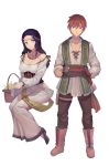  1boy 1girl basket black_hair blue_eyes boots breasts brown_boots circlet dress food fruit jewelry land_of_caromag large_breasts long_hair necklace original pelvic_curtain redhead simple_background sitting walzrj white_background white_dress 