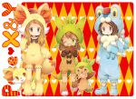  1boy 2girls animal_ears argyle argyle_background bangs blonde_hair boots bow brown_eyes brown_hair calme_(pokemon) carrying character_hood chespin chibi closed_mouth copyright_name fennekin froakie green_eyes hat heart hoodie long_hair looking_at_viewer multiple_girls nose_bubble one_eye_closed pokemon pokemon_(creature) pokemon_(game) pokemon_xy red_eyes sana_(pokemon) serena_(pokemon) sleeping smile standing swept_bangs tail twintails uppi 