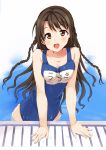  1girl braid brown_eyes brown_hair idolmaster idolmaster_cinderella_girls long_hair pool_side school_swimsuit shimamura_uzuki swimsuit wet yamamoto_shima 