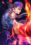  1boy blue_hair fate/stay_night fate_(series) fire gae_bolg grin lancer polearm ponytail red_eyes smile solo sorao_(ichhimo) spear weapon 
