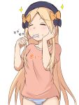  1girl :t abigail_williams_(fate/grand_order) absurdres bangs black_bow black_hat blush bow closed_eyes closed_mouth clothes_writing collarbone commentary_request eyebrows_visible_through_hair facing_viewer fate/grand_order fate_(series) food food_on_face forehead hair_bow hand_on_own_cheek hat highres holding holding_spoon mitiru_ccc2 no_pants orange_bow panties parted_bangs pink_shirt rice rice_on_face shirt short_sleeves simple_background sketch solo sparkle spoon striped striped_panties t-shirt underwear white_background 