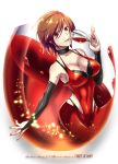  1girl breasts bridal_gauntlets brown_eyes brown_hair caffein choker cleavage cup dress drinking_glass elbow_gloves gloves highres meiko short_hair solo vocaloid wine_glass 