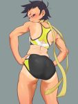  1girl ass black_hair blush brown_eyes buruma choker cowboy_shot from_behind hands_on_hips looking_back makoto_(street_fighter) muramura_hito muscle one-piece_tan ribbon_choker short_hair solo sports_bra street_fighter tan tanline 