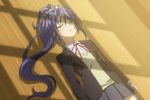  nonaka_kurumi pleated_skirt ponytail purple_hair school_uniform screencap shinmai_maou_no_testament skirt sleeping wooden_floor 