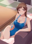  1girl blush breasts brown_eyes brown_hair cleavage competition_swimsuit couch idolmaster idolmaster_cinderella_girls large_breasts long_hair looking_at_viewer nei_(etc) nitta_minami one-piece_swimsuit smile solo swimsuit 
