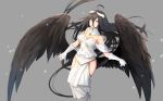  1girl absurdly_long_hair albedo bare_shoulders black_hair black_wings breasts cleavage demon_girl demon_horns dress elbow_gloves gloves highres hip_vent horns large_breasts long_hair overlord_(maruyama) solo very_long_hair white_dress white_gloves wings yellow_eyes yingji_(zszero) 