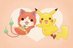  cat crossover fangs heart jibanyan kanacho looking_at_viewer multiple_tails no_humans notched_ear open_mouth pikachu pokemon pokemon_(creature) tail two_tails youkai youkai_watch 