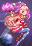  1girl american_flag_legwear american_flag_shirt blonde_hair clownpiece earth fairy_wings hat highres hoshibuchi jester_cap long_hair looking_at_viewer outstretched_arms pantyhose red_eyes solo space tongue tongue_out torch touhou very_long_hair wings 