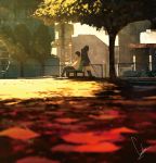  1boy 1girl autumn autumn_leaves back-to-back bench black_hair black_legwear building face_down fence highres hoodie kneehighs long_hair loundraw original pants park park_bench road_sign shoes short_hair sign signature sitting skirt standing tree 