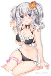  1girl blue_eyes blush bra bracelet breasts flower full_body hair_flower hair_ornament jewelry kantai_collection kashima_(kantai_collection) looking_at_viewer panties silver_hair simple_background sitting smile solo twintails underwear underwear_only wavy_hair white_background yukina_(black0312) 