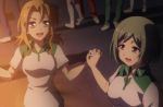  2girls brown_eyes brown_hair green_eyes green_hair holding_hands multiple_girls screencap shinmai_maou_no_testament short_hair 