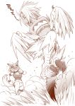  &gt;_&lt; 2girls animal_ears bandeau breasts cleavage closed_eyes collar dark_skin dog_ears dog_tail dust_cloud feathered_wings flying_sweatdrops fur grin harpy headband kouda_tomohiro land_animal_(monster_musume) monochrome monster_girl monster_musume_no_iru_nichijou multiple_girls navel open_mouth polt running scales smile sweatband tail talons translation_request wings 