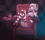  1girl animal_ears armchair ass book breasts chair checkered checkered_background cleavage cup drill_hair goat_girl hand_in_hair high_heels highres horns kettle large_breasts long_hair original puffy_sleeves saba_no_miso_ni shoes sitting skirt socks striped striped_legwear teacup teapot 
