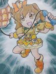  1girl armor brown_hair crossover cure_pine dress female flail food fresh_precure! fruit hijikata_etsuo kamen_rider kamen_rider_gaim_(series) namesake parody pineapple ponytail precure solo touhou weapon yellow_dress 