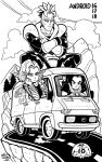  1girl 2boys android_16 android_17 android_18 artist_name character_name chin_rest cliff clouds crossed_arms dated dragon_ball dragon_ball_z earrings frown indian_style jewelry mike_luckas monochrome motor_vehicle multiple_boys road signature sitting smile van vehicle 