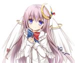  1girl adapted_costume angel_wings blue_eyes bow capelet coat crescent_hair_ornament dress hair_ornament hair_ribbon long_hair looking_at_viewer open_clothes open_coat patchouli_knowledge purple_hair ribbon smile solo touhou tress_ribbon very_long_hair white_dress wings yuuhagi_(amaretto-no-natsu) 