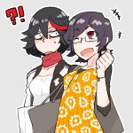  2girls black_hair blush constricted_pupils eugenio2nd glasses kill_la_kill matoi_ryuuko multicolored_hair multiple_girls one_eye_closed oogure_maiko red_eyes redhead scarf shaded_face short_hair smile sweatdrop two-tone_hair 