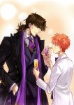  2boys brown_eyes brown_hair cup drinking_glass emiya_shirou fate/stay_night fate_(series) formal kotomine_kirei multiple_boys redhead short_ponytail stole suit sunday31 tuxedo wine_glass 