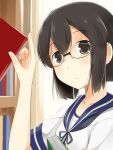  1girl bespectacled book bookshelf brown_hair close-up glasses hair_between_eyes highres isonami_(kantai_collection) kantai_collection long_hair rimless_glasses sch school_uniform serafuku solo upper_body 