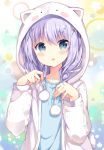  1girl angora_rabbit animal_hood bangs blue_eyes blush blush_stickers braid d: gochuumon_wa_usagi_desu_ka? hair_ornament hairclip hood hooded_jacket kafuu_chino long_hair long_sleeves looking_at_viewer myuton open_mouth pom_pom_(clothes) purple_hair solo star starry_background tippy_(gochuumon_wa_usagi_desuka?) twin_braids upper_body 