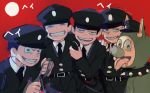  5boys animal_costume arm_around_shoulder brothers choromatsu collar dog_costume drooling grin hand_on_shoulder hat ichimatsu jyushimatsu karamatsu multiple_boys osomatsu-kun osomatsu-san osomatsu_(osomatsu-kun) police police_hat police_uniform red_background rope siblings simple_background smile spiked_collar spikes tongue tongue_out uniform walkie-talkie 