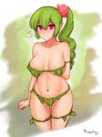  1girl bare_shoulders breasts curly_hair dryad dryad_(terraria) green_hair hair_between_eyes hair_ornament large_breasts long_hair looking_at_viewer midriff navel open_mouth pink_eyes pointy_ears ponytail razalor revealing_clothes solo terraria 