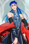  1boy blue_hair circlet earrings elf fate/stay_night fate_(series) highres jewelry lancer lord_of_the_rings o-rui pointy_ears ponytail red_eyes solo 